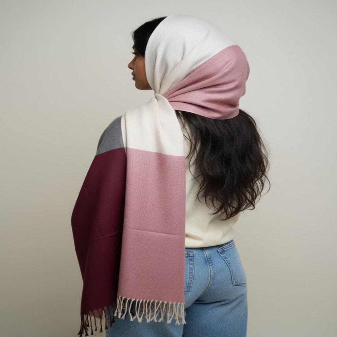 A lightweight woven throw blanket draped over a white chair in a bright, minimalist room. The blanket features a three-color gradient transitioning from cream/off-white at the top, through gray, to dusty rose and deep burgundy, finished with white fringe tassels at the bottom.