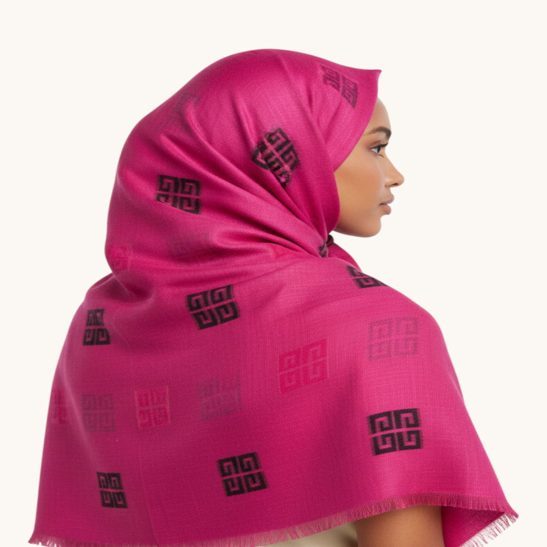 A woman in profile wearing a bright pink hijab with black Greek key pattern motifs, photographed against a clean off-white background.