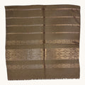 A brown woven textile, likely a traditional scarf or shawl, featuring horizontal bands of geometric and striped patterns in metallic gold and silver threads, displayed flat against a white background.