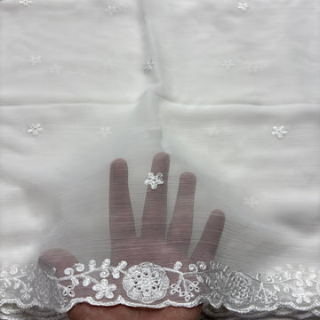 White chiffon dupatta with black tufted motifs and floral scalloped border