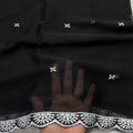White chiffon dupatta with white daisy motifs and rose scroll border