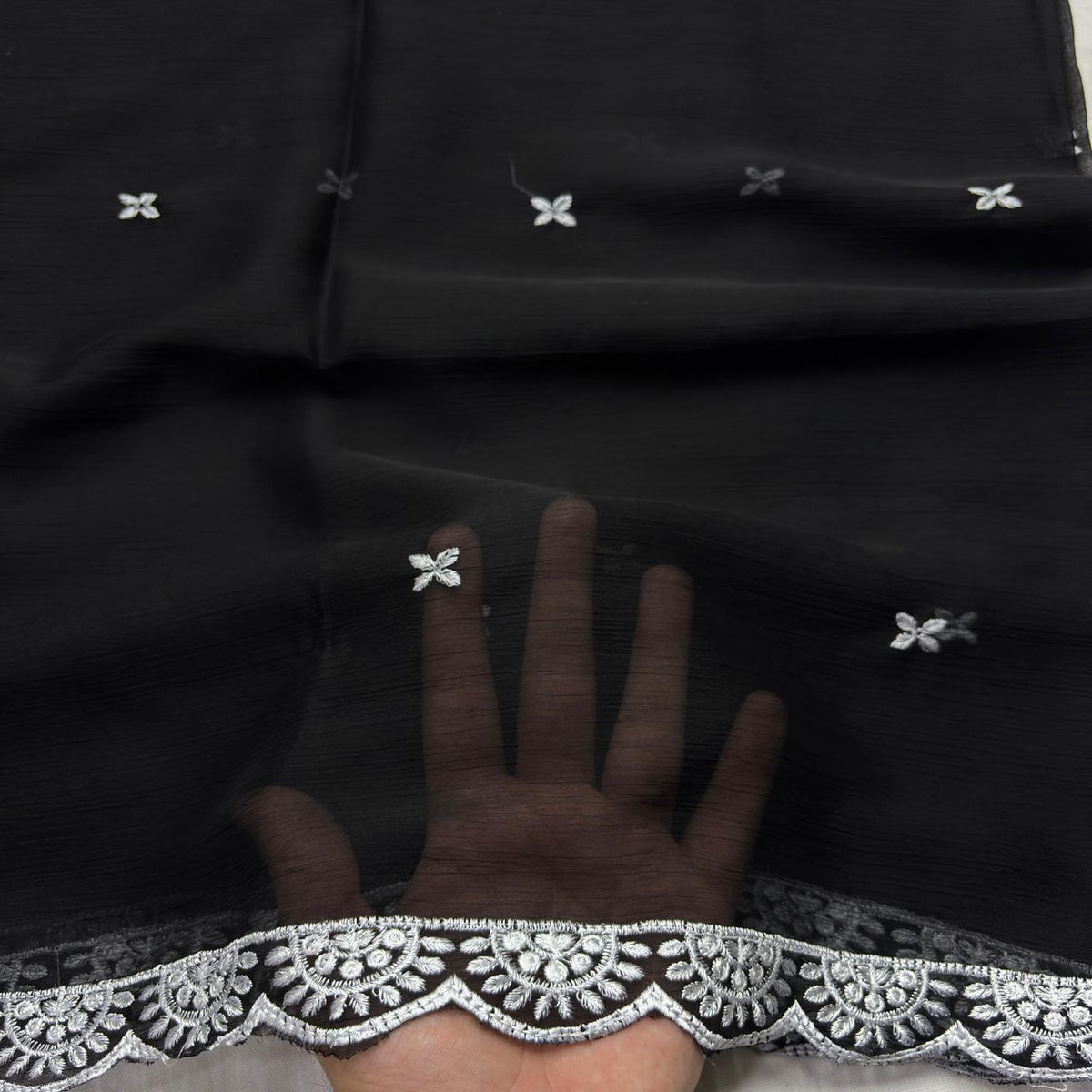 White chiffon dupatta with white daisy motifs and rose scroll border