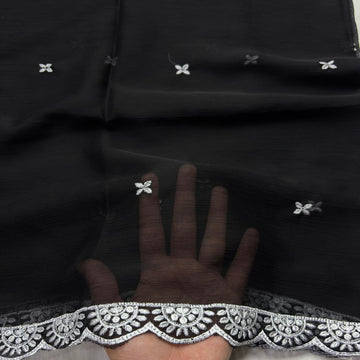 White chiffon dupatta with white daisy motifs and rose scroll border