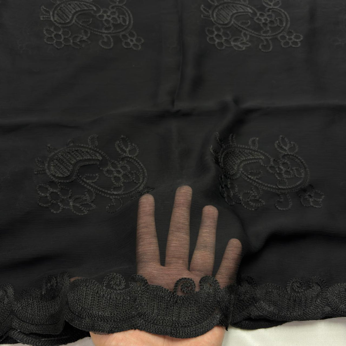 Black chiffon dupatta with black tonal small flowers and bold floral scroll border