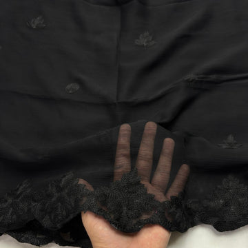 Black chiffon dupatta with black tonal tiny flowers and medallion leaf border