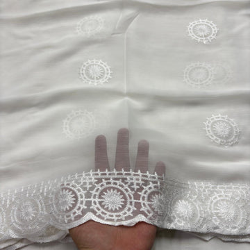White chiffon dupatta with white circle medallion embroidery and geometric lattice border