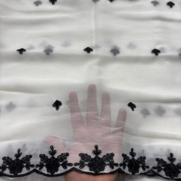 White chiffon dupatta with white small flowers and eyelet rosette floral border