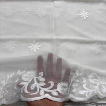 Black chiffon dupatta with white embroidered four-petal flowers and scalloped medallion leaf border