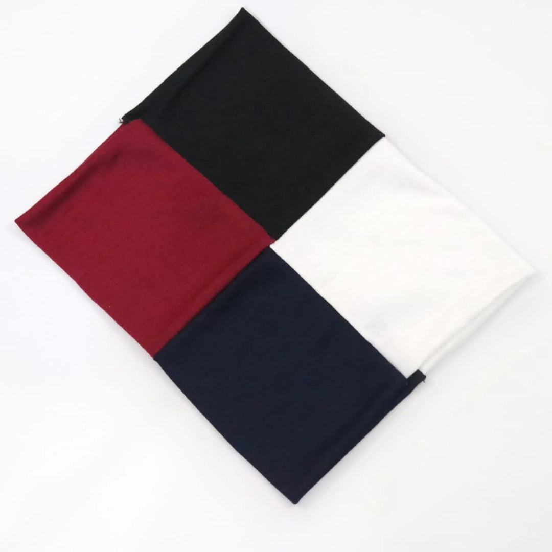 Four square fabric samples in black, red, white, and navy on a white background
